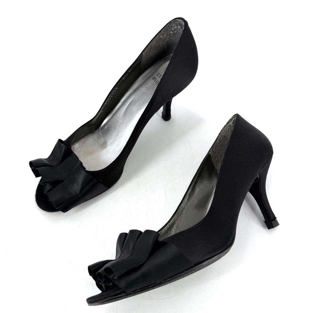 Stuart Weitzman Gigiritz Pump Women 8.5 Black Satin Ruffle Open Toe Coquette‎